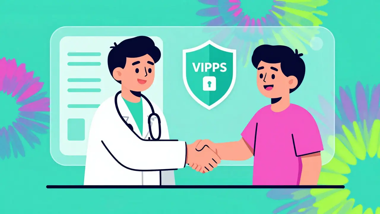 Retro-style art showing secure telehealth consultation and verified online pharmacy purchase