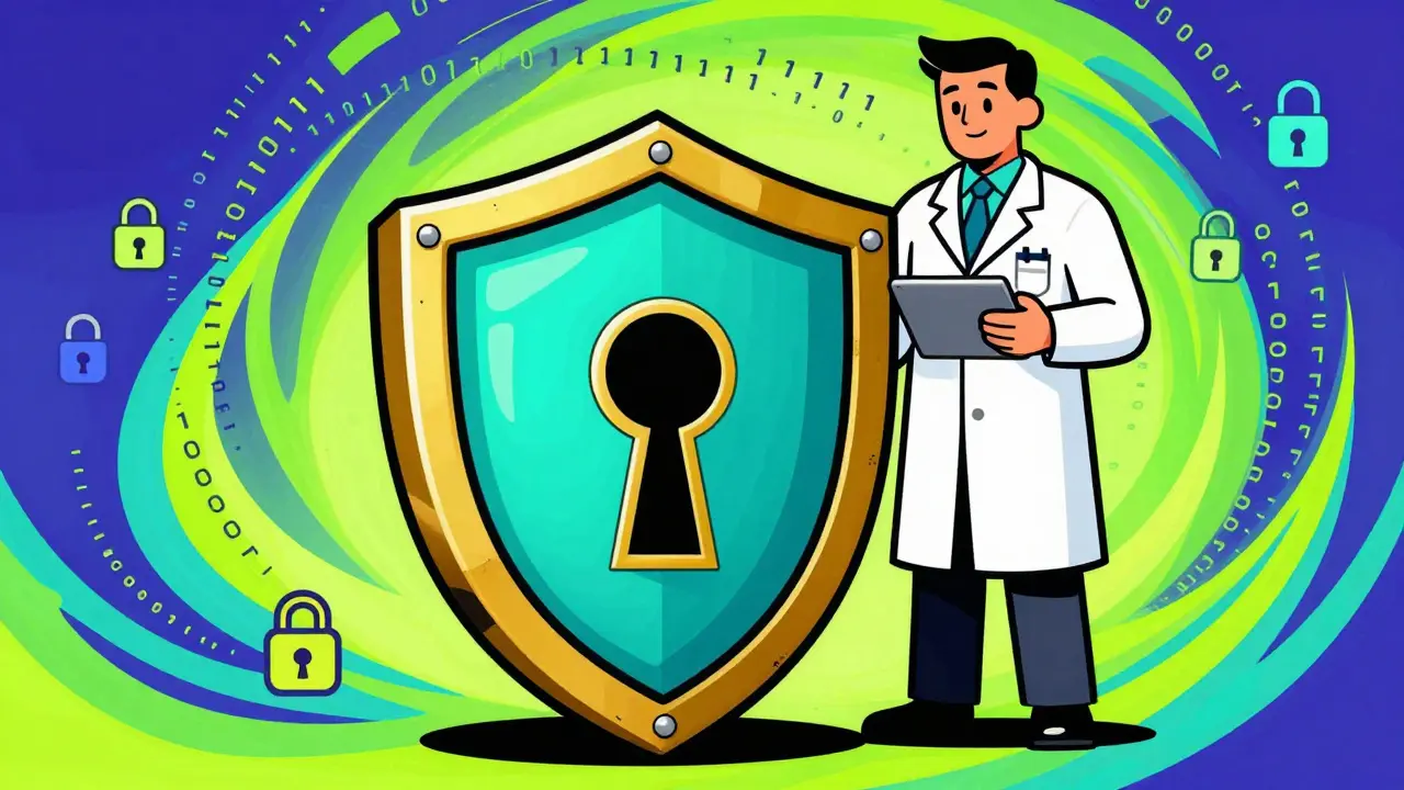 Retro-style graphic showing digital security shield and pharmacist oversight.