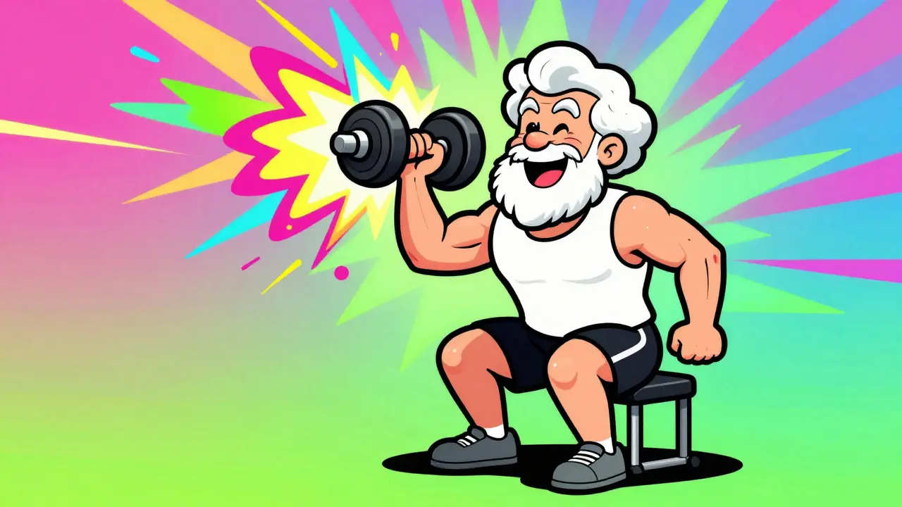 Senior lifting weights surrounded by colorful energy bursts