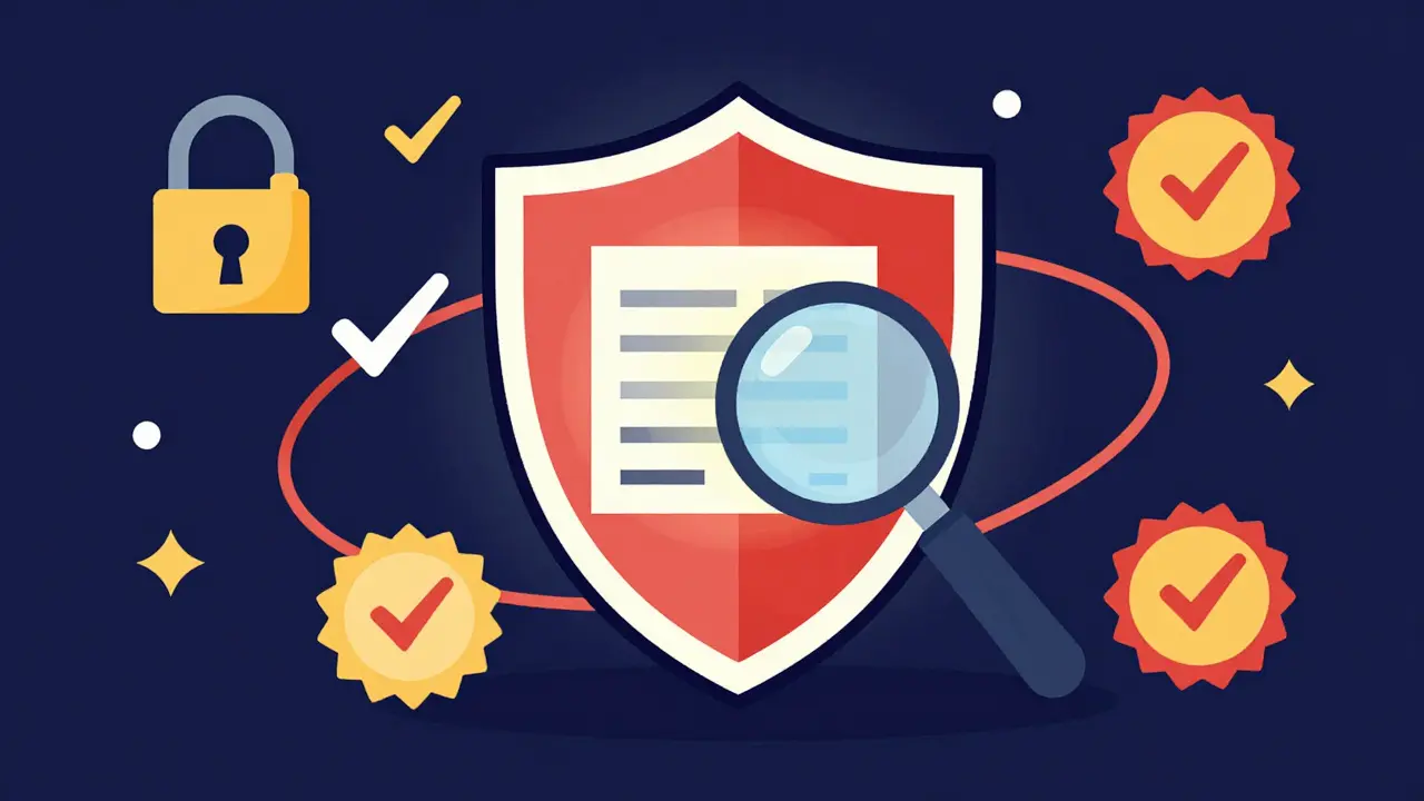Shield and magnifying glass symbolizing online pharmacy safety