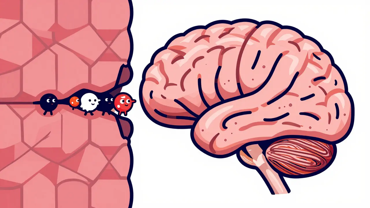 Stylized graphic showing molecules bypassing a barrier into a chaotic brain.
