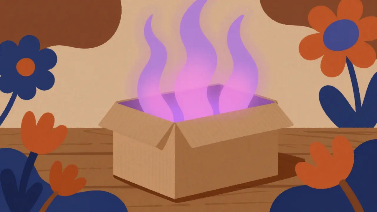 Stylized illustration of a discreet package with glowing lights, representing home delivery