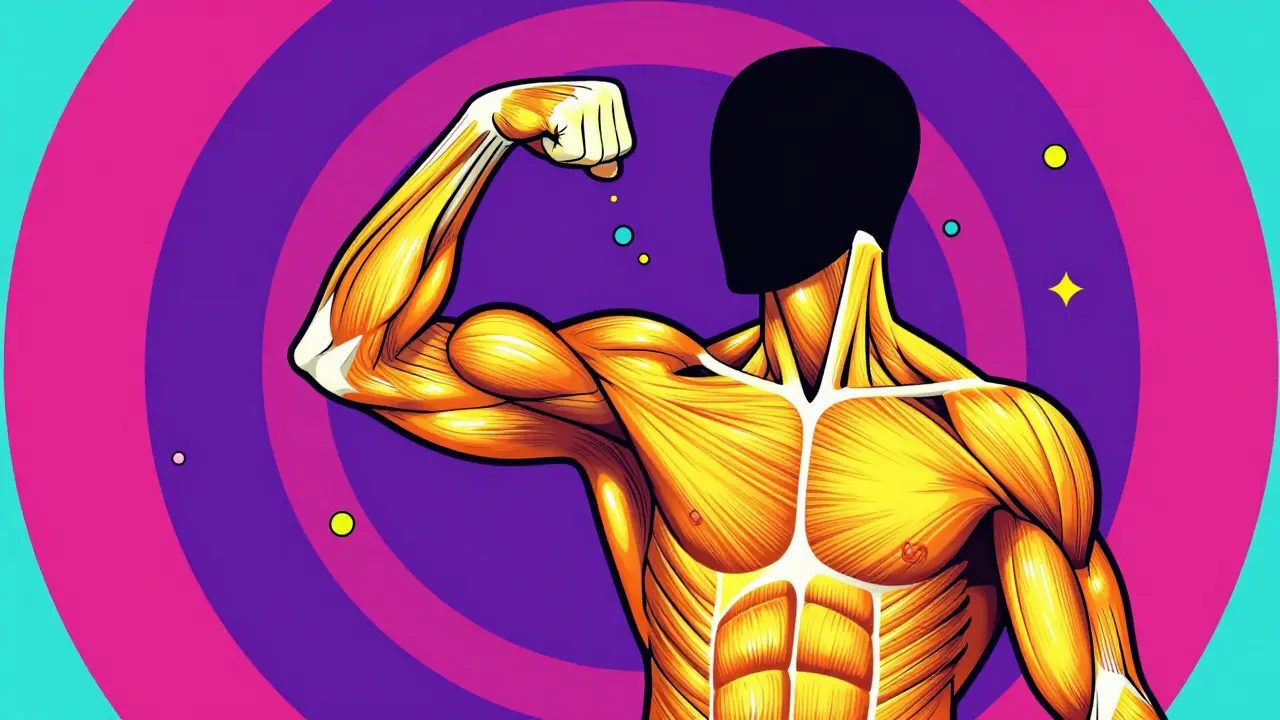 Stylized illustration of muscles releasing enzymes, Wes Wilson psychedelic art