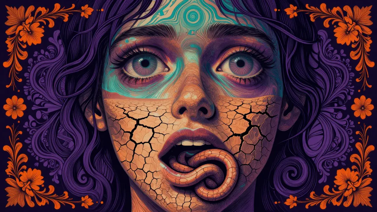 Surreal art depicting dry mouth, blurred vision, and digestive issues via patterns.