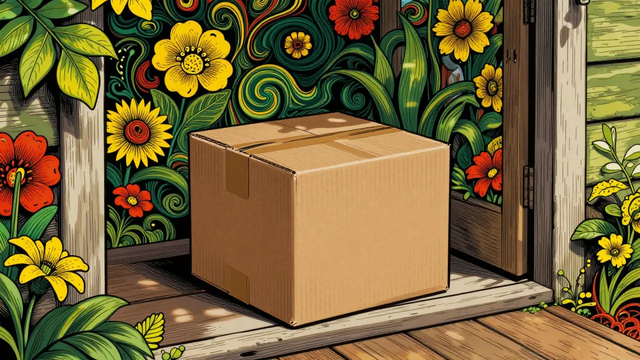 Unmarked package on doorstep surrounded by psychedelic flowers