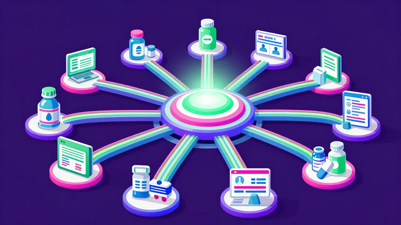 Vibrant illustration of a connected pharmacy network hub ensuring safe data flow.
