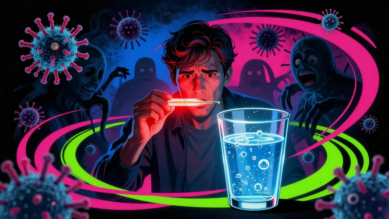 Warning illustration about fever and needing a doctor