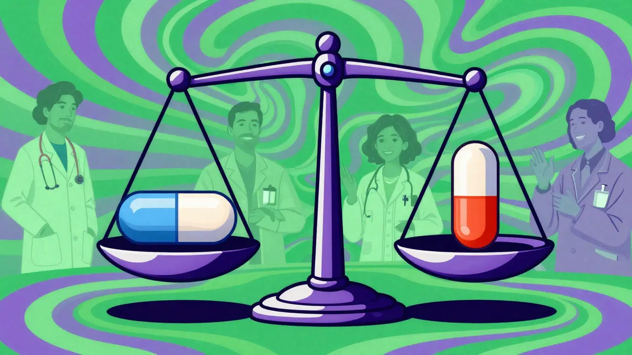 Balanced scale with identical brand and generic pills in retro style