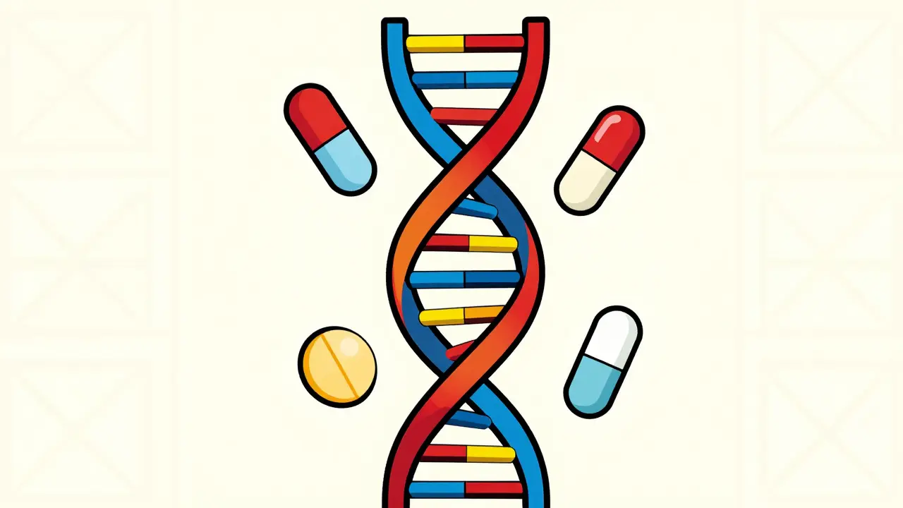 DNA helix and pills in retro 60s poster art style