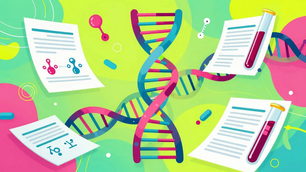 DNA helix intertwined with medical tools in vibrant psychedelic art