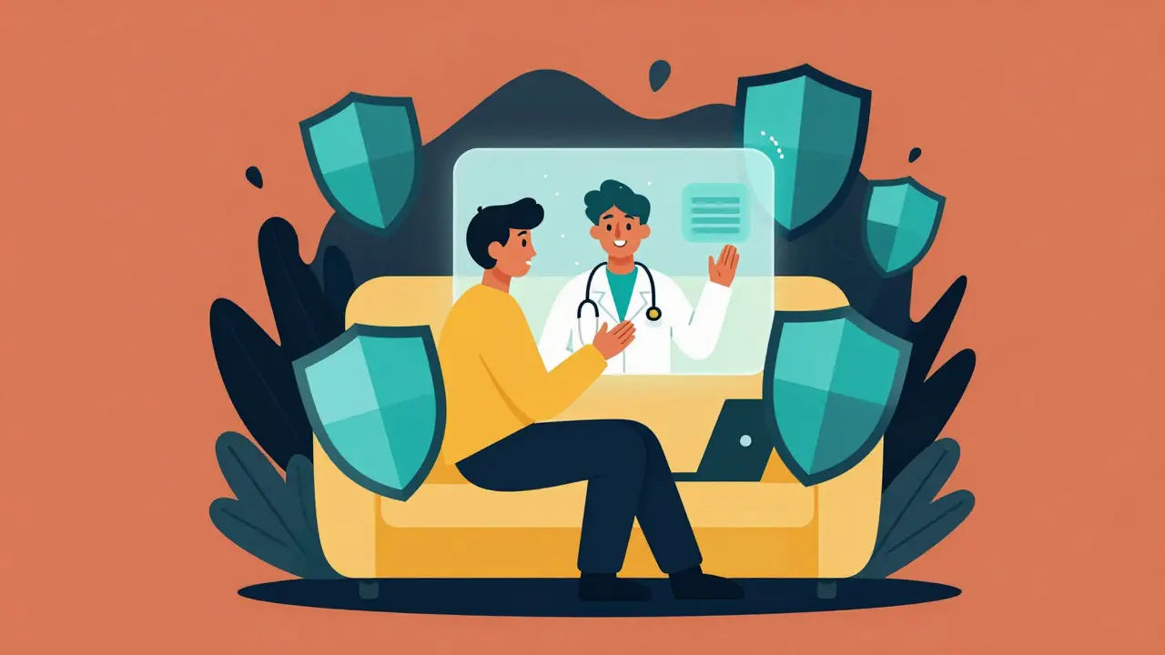 Graphic art depicting safe telehealth consultation and protection