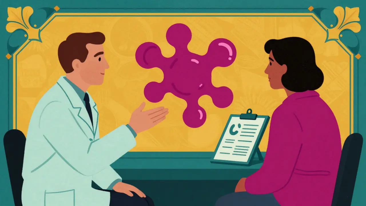 Illustration of doctor explaining biology to patient with colorful molecular graphic