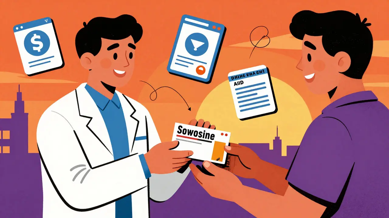 Pharmacist handing discounted meds to happy customer in colorful illustration