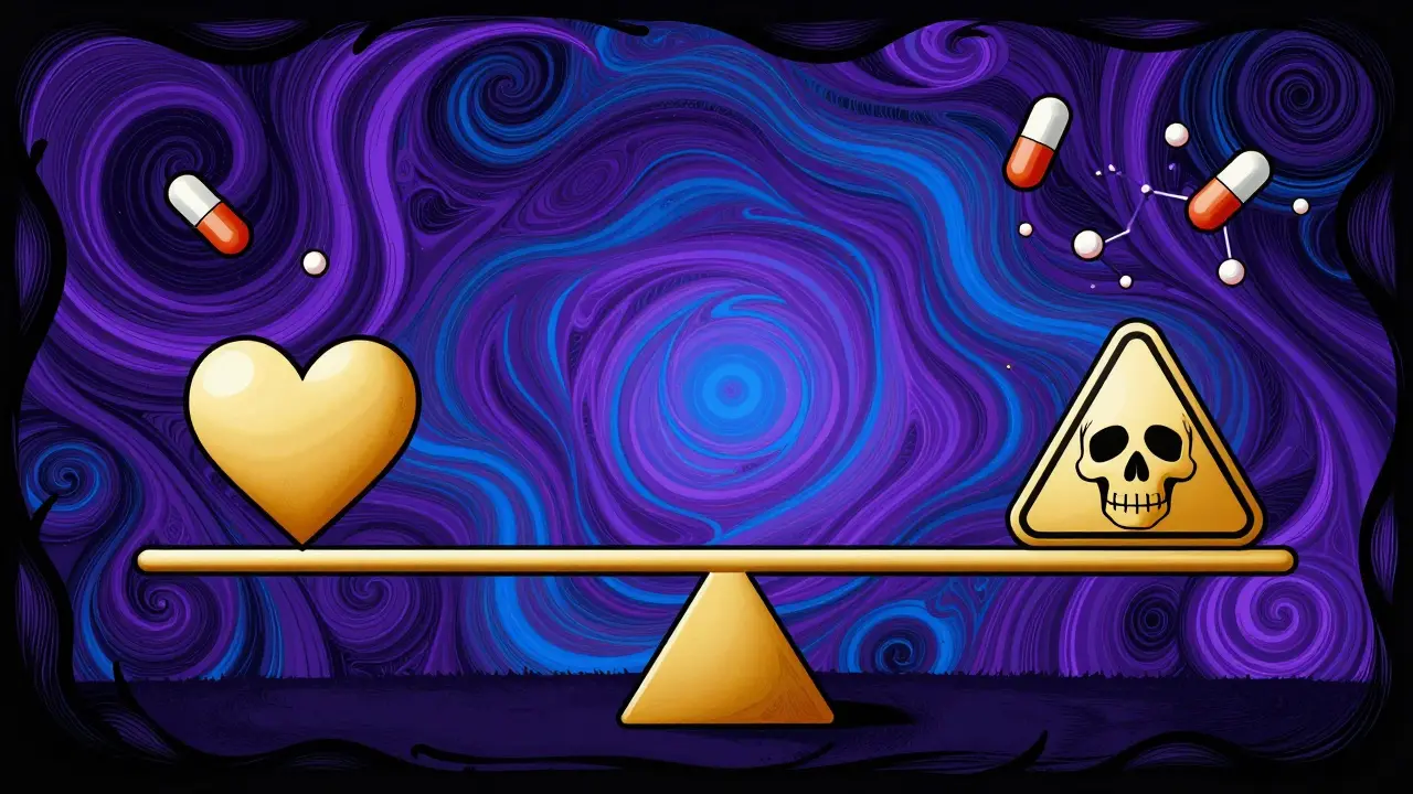 Razor-thin balance beam with heart and skull icons in retro style