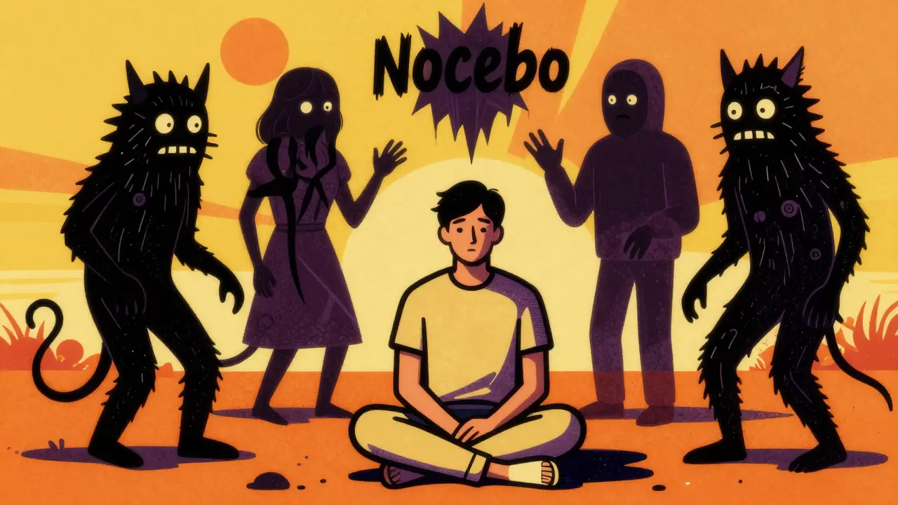 Retro art showing calm patient with shadowy monsters representing nocebo effect