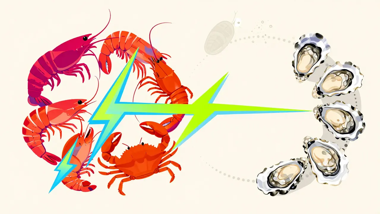 Retro art showing crustacean and mollusk cross-reactivity concepts