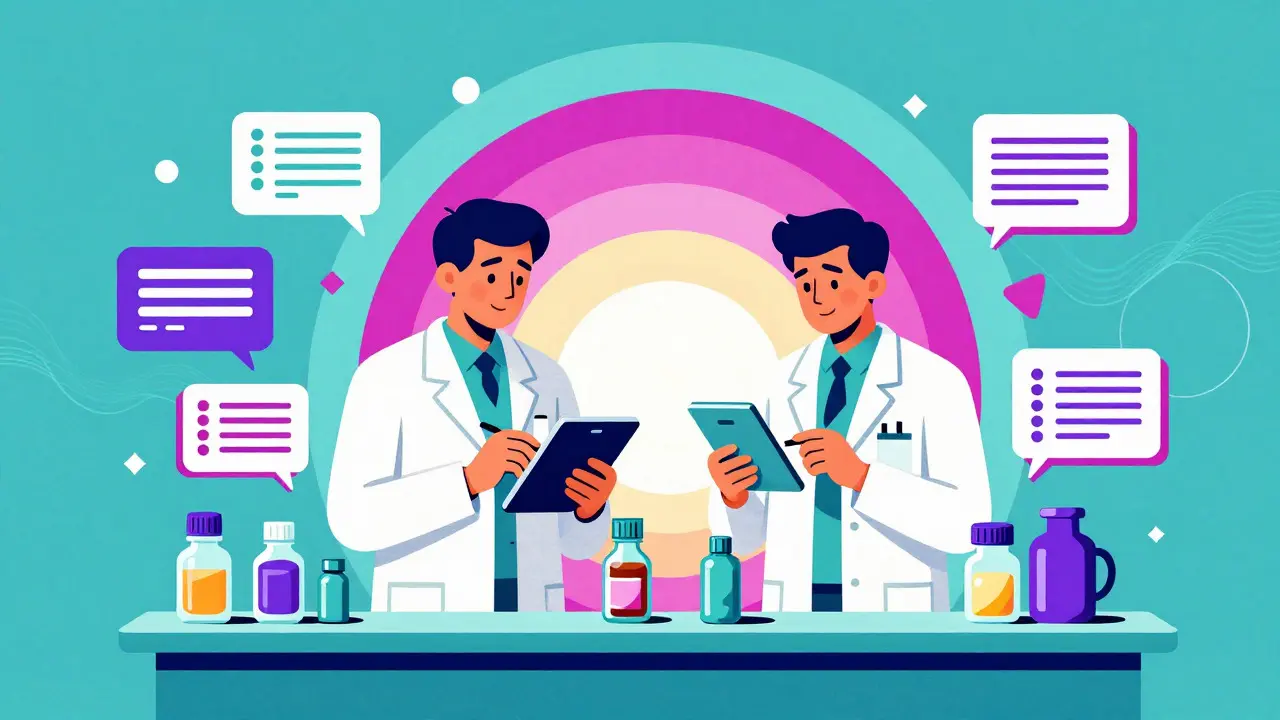 Retro-style art showing two pharmacists double-checking prescriptions and calculations.