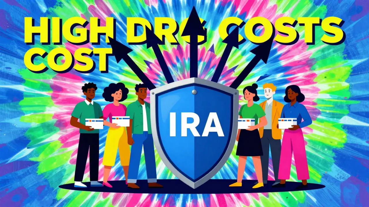 Shield protecting people from drug costs with vibrant retro patterns