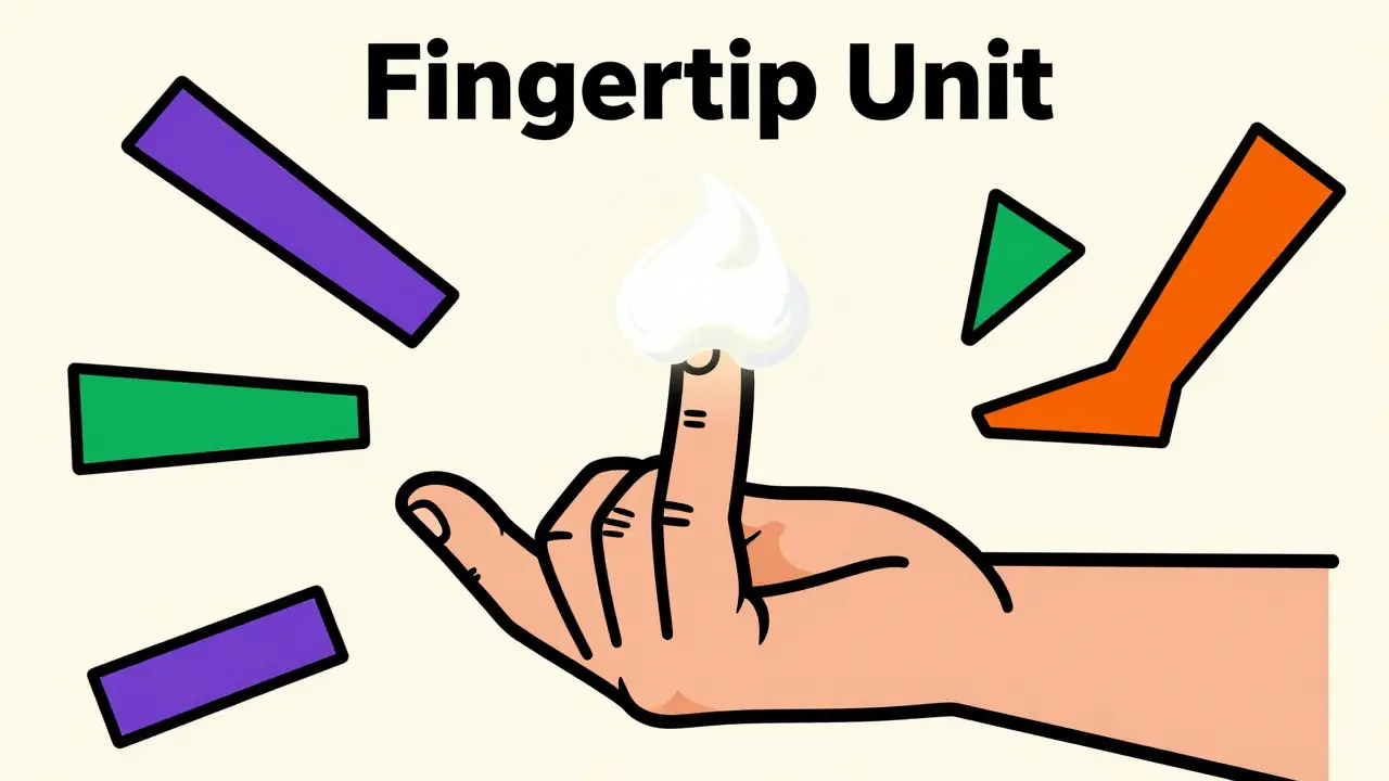Stylized hand demonstrating fingertip unit cream measurement
