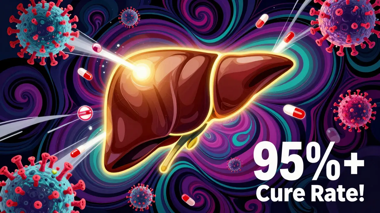 Stylized illustration of antiviral pills defeating viruses around a glowing liver.
