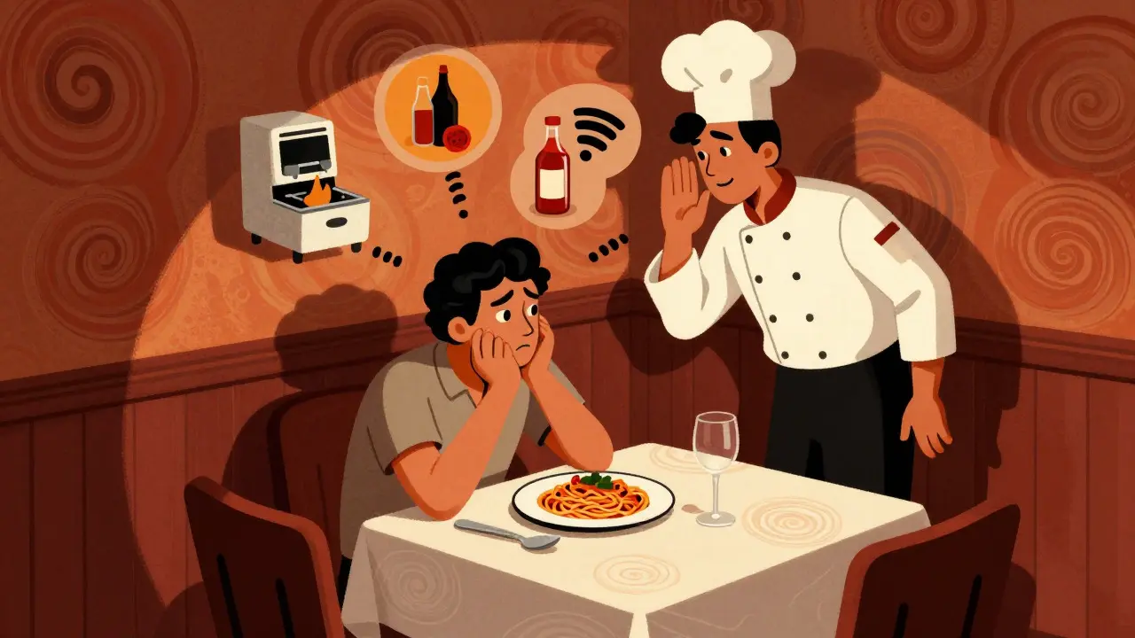 Stylized restaurant scene highlighting food allergy communication risks