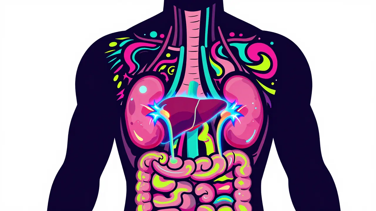 Stylized torso showing inflamed organs in neon colors