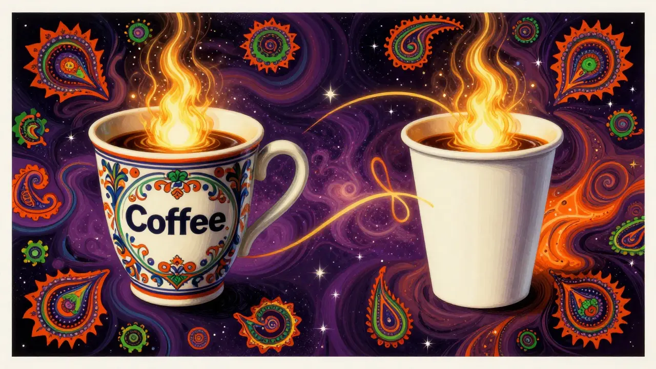 Two different coffee cups with identical glowing liquid inside.
