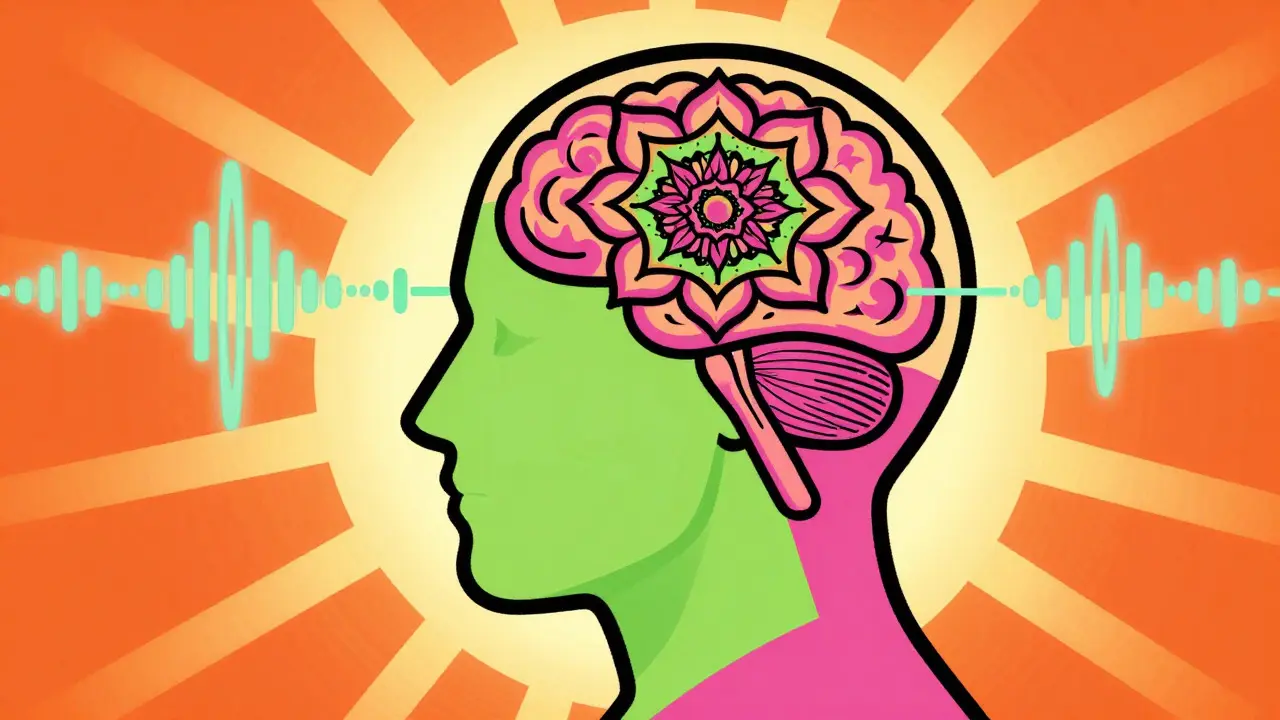 Vibrant art depicting brain stimulation and digital tools for sobriety