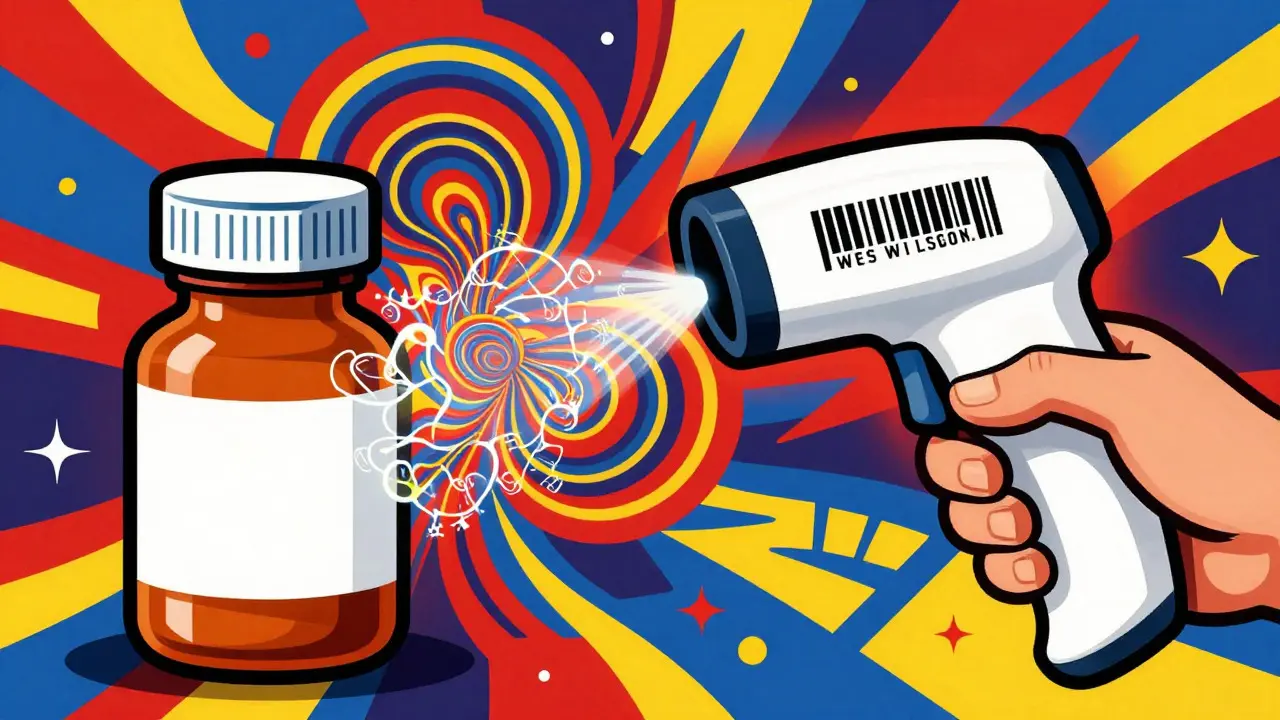 Vibrant illustration of a medicine bottle being scanned by a barcode reader with colorful light.