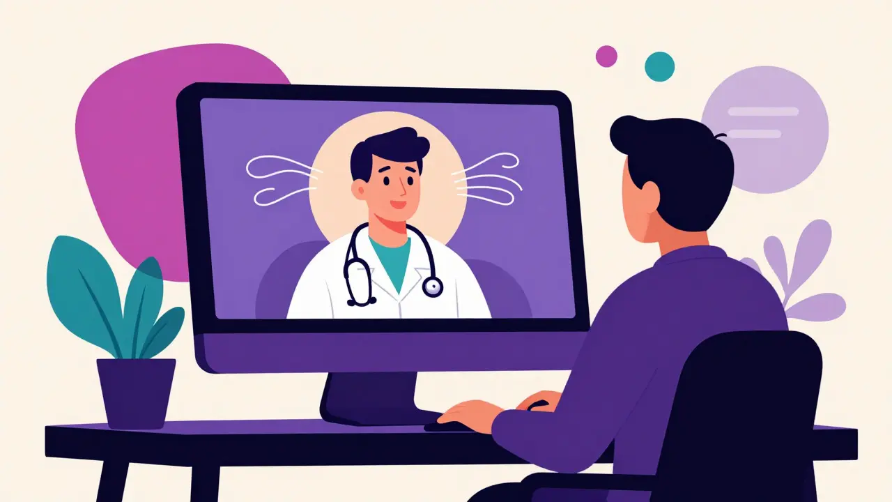 Wes Wilson style illustration of a person having a video call with a doctor on a computer screen for telemedicine.
