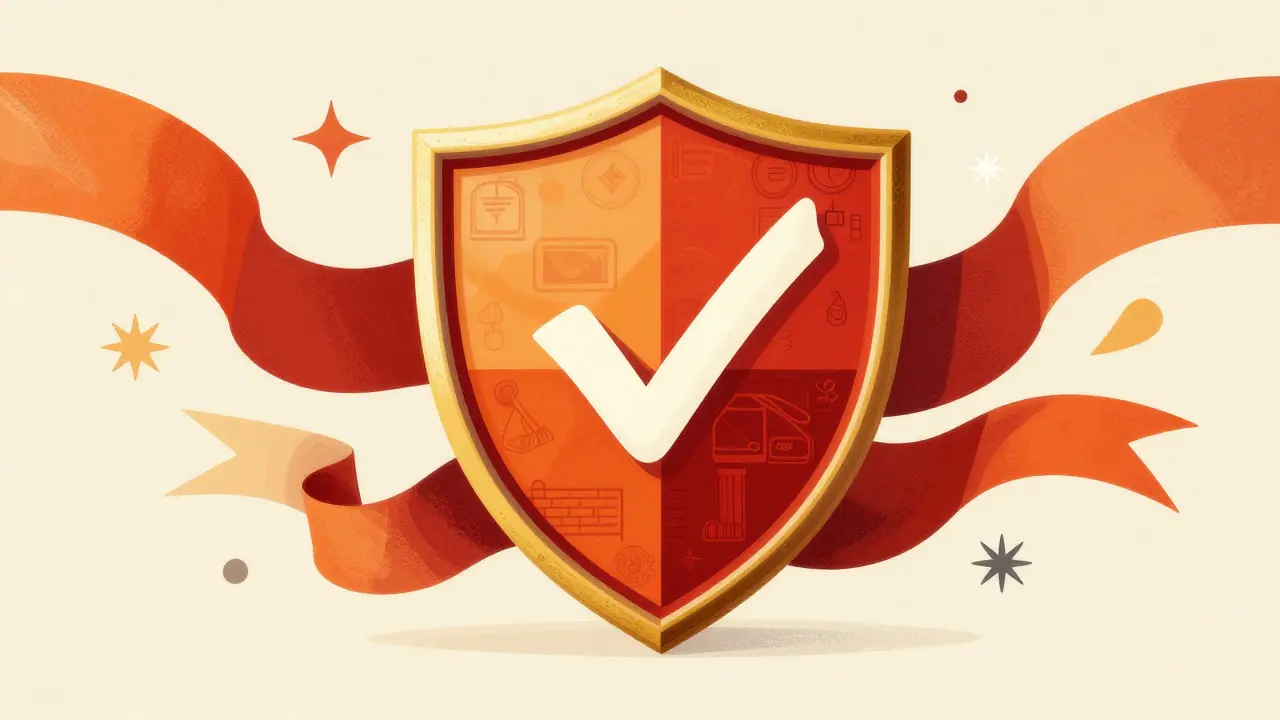 Wes Wilson style illustration of a protective shield with geometric patterns symbolizing safe online pharmacy verification.