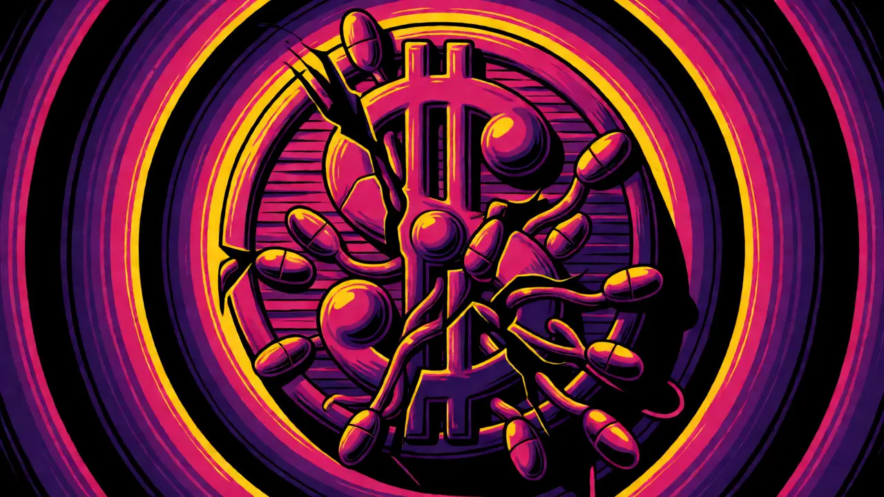 Abstract art showing a dollar sign shattering as generic pills emerge from the cracks.