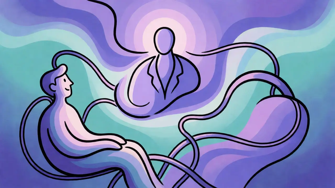 Abstract figure connecting to a doctor via flowing ribbons in purple hues.