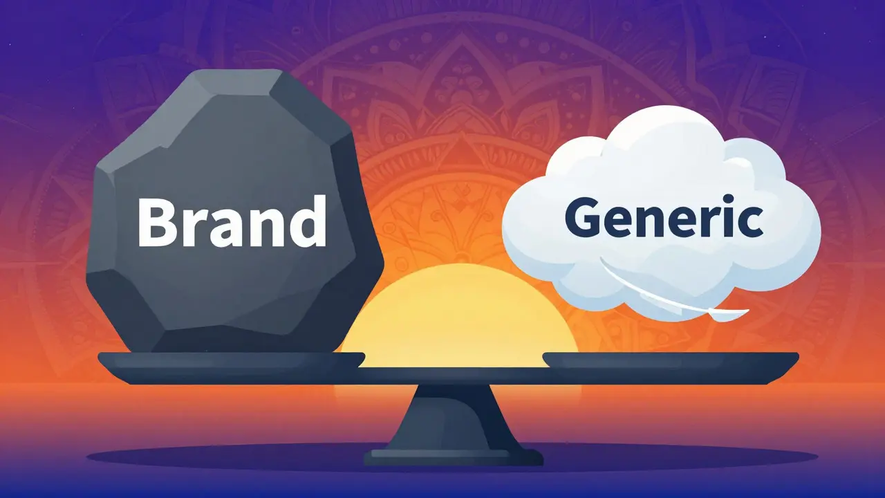 Abstract illustration comparing heavy brand costs to light generic savings