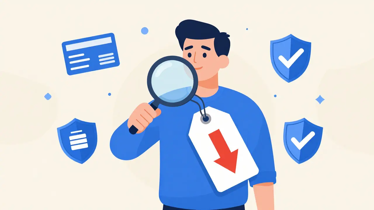 Cartoon of a person using a magnifying glass to check prices and verify safety