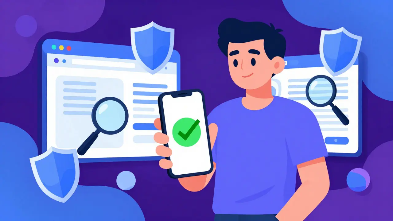 Cartoon of safe online pharmacy verification process