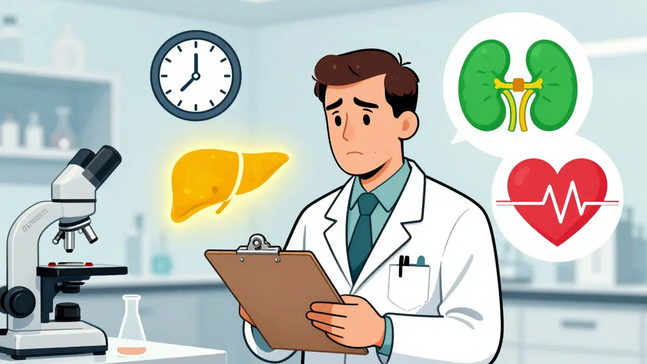 Cartoon showing medical monitoring of liver, kidneys, and heart during antifungal treatment