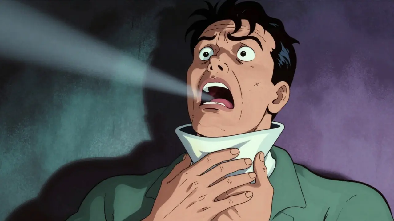 Character struggling to breathe with a visual metaphor for a closed airway