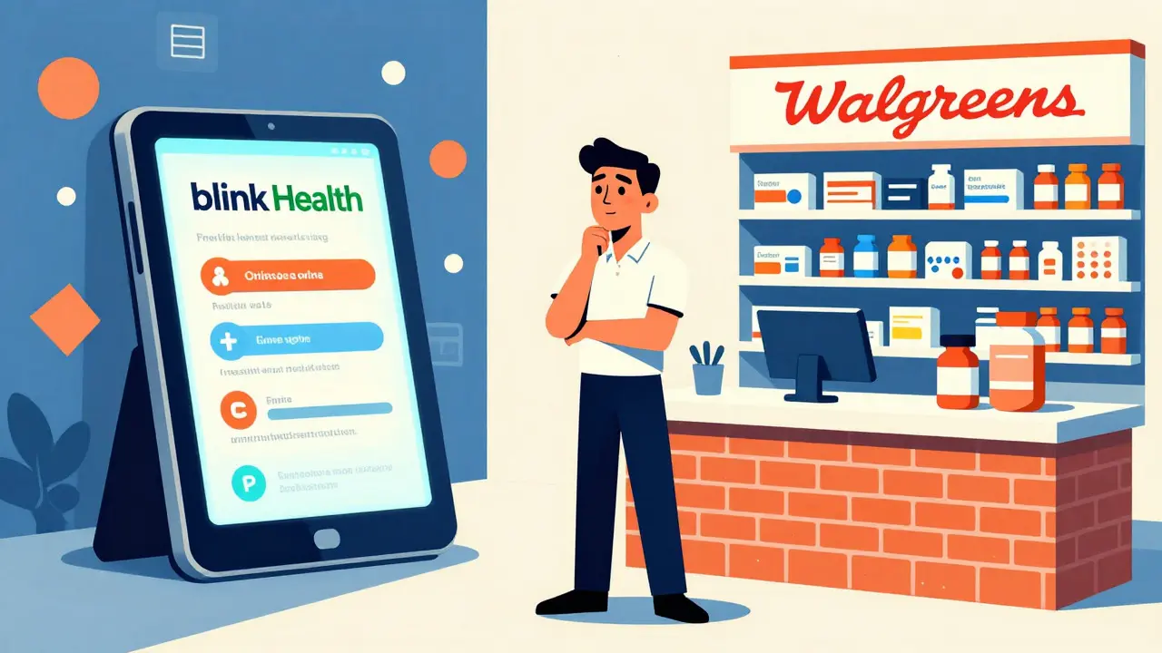 Illustration comparing online pharmacy app and physical store