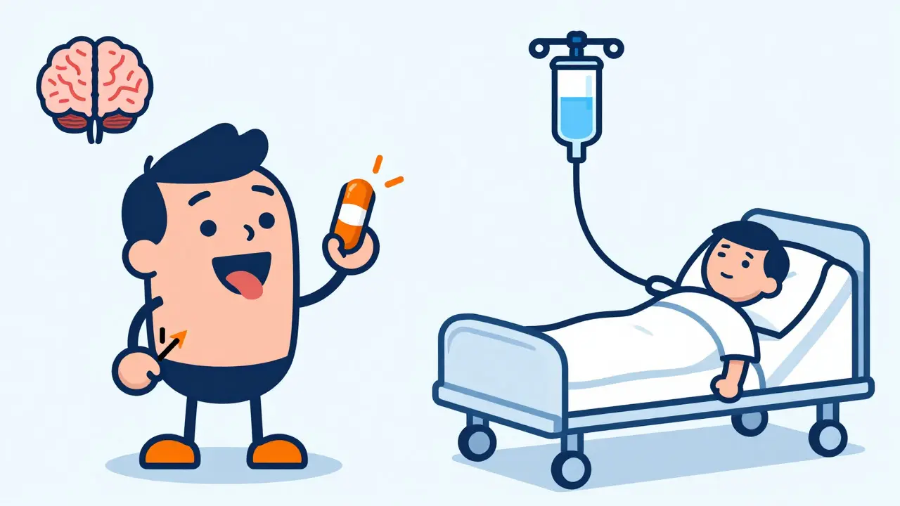 Illustration comparing oral azole pills versus IV echinocandins in a hospital setting