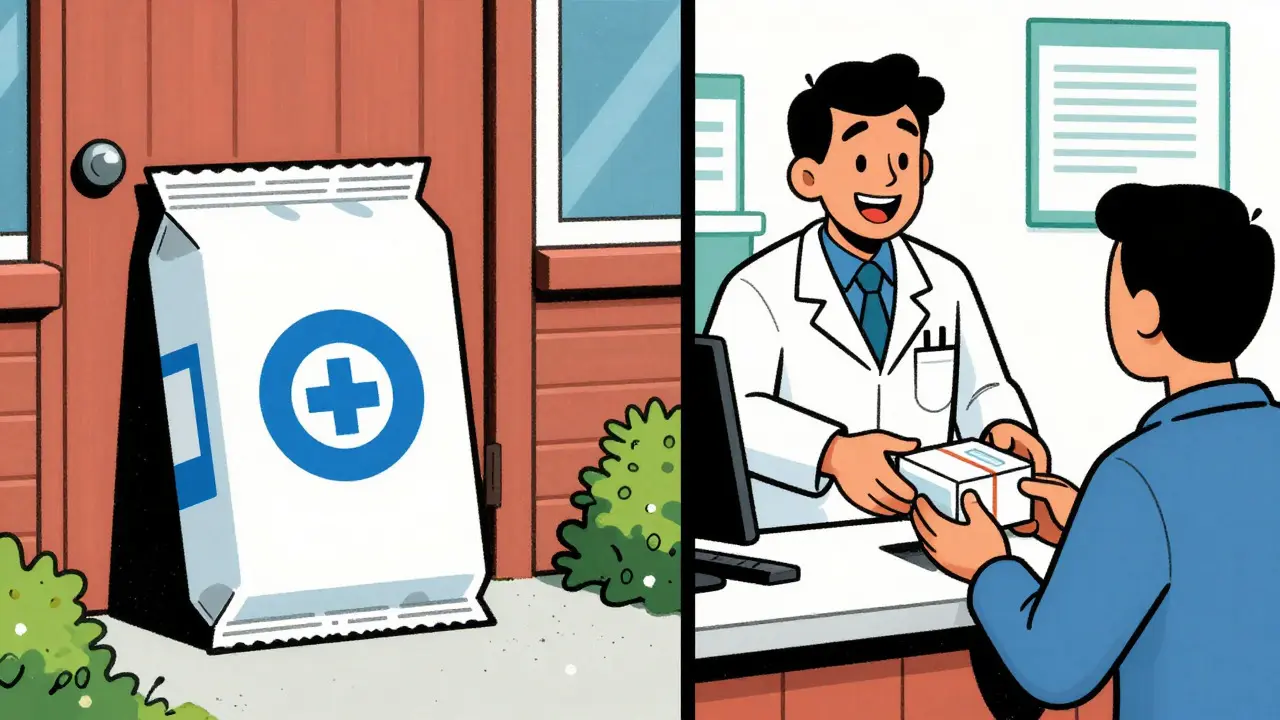 Illustration showing home delivery packages and a local pharmacy pickup counter