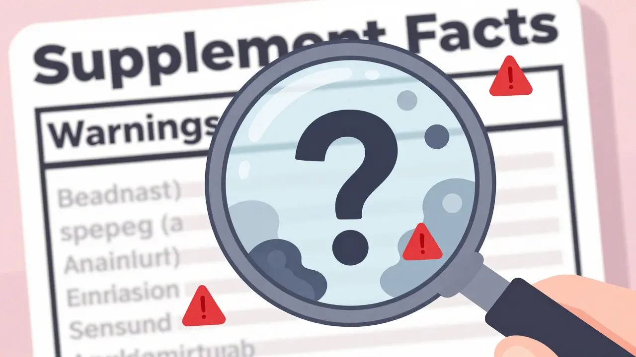 Magnifying glass revealing missing warning sections on a supplement label