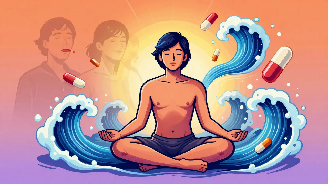 Person meditating as medication tablets turn into calming waves