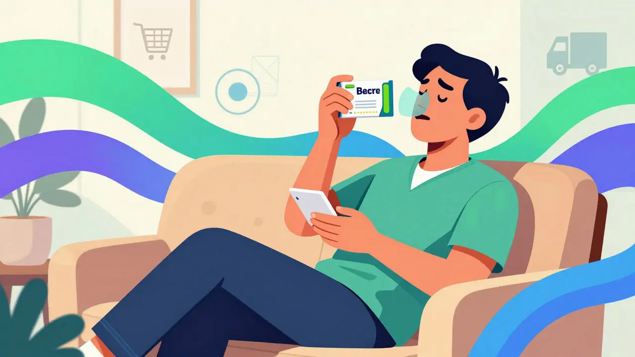 Person relaxing with medication, surrounded by colorful abstract patterns