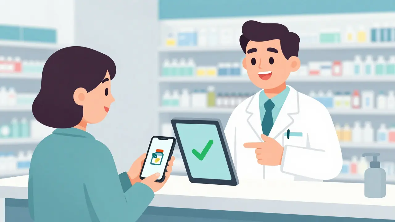 Pharmacist checking a supplement and medication interaction on a tablet