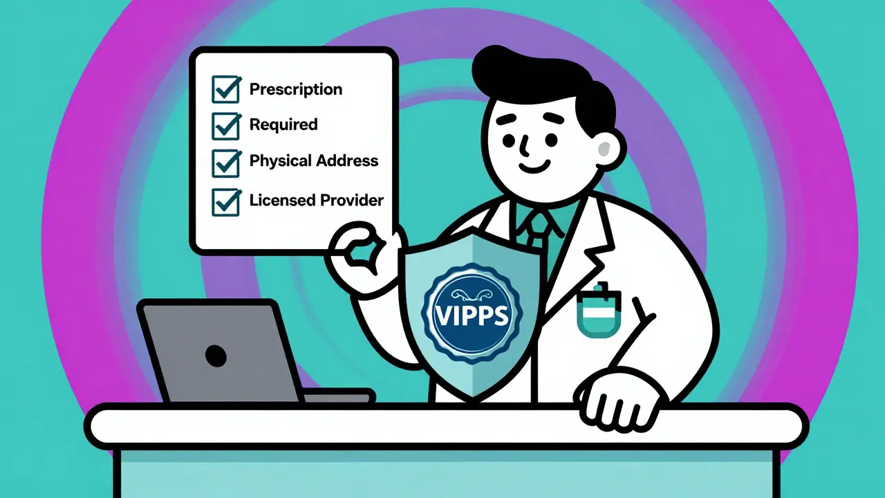 Pharmacist showing VIPPS safety seal and prescription requirements checklist