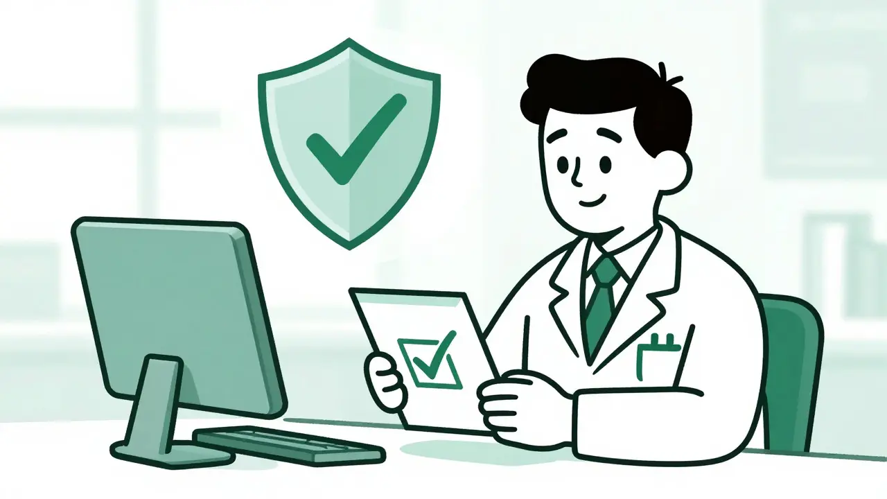 Pharmacist verifying secure medication package with shield icon