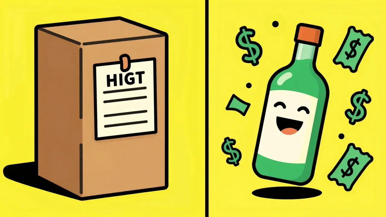 Psychedelic art comparing expensive brand medication with affordable generic alternatives.