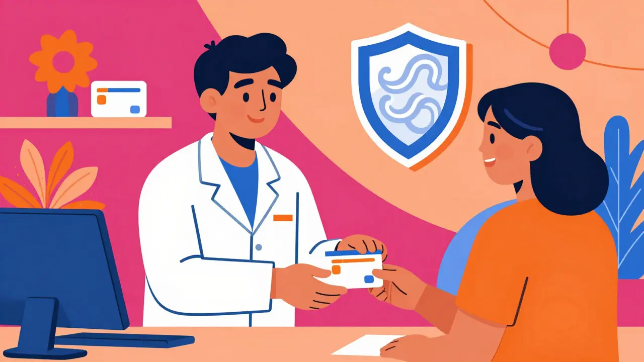 Retro cartoon pharmacist handing medicine to a customer with safety shields