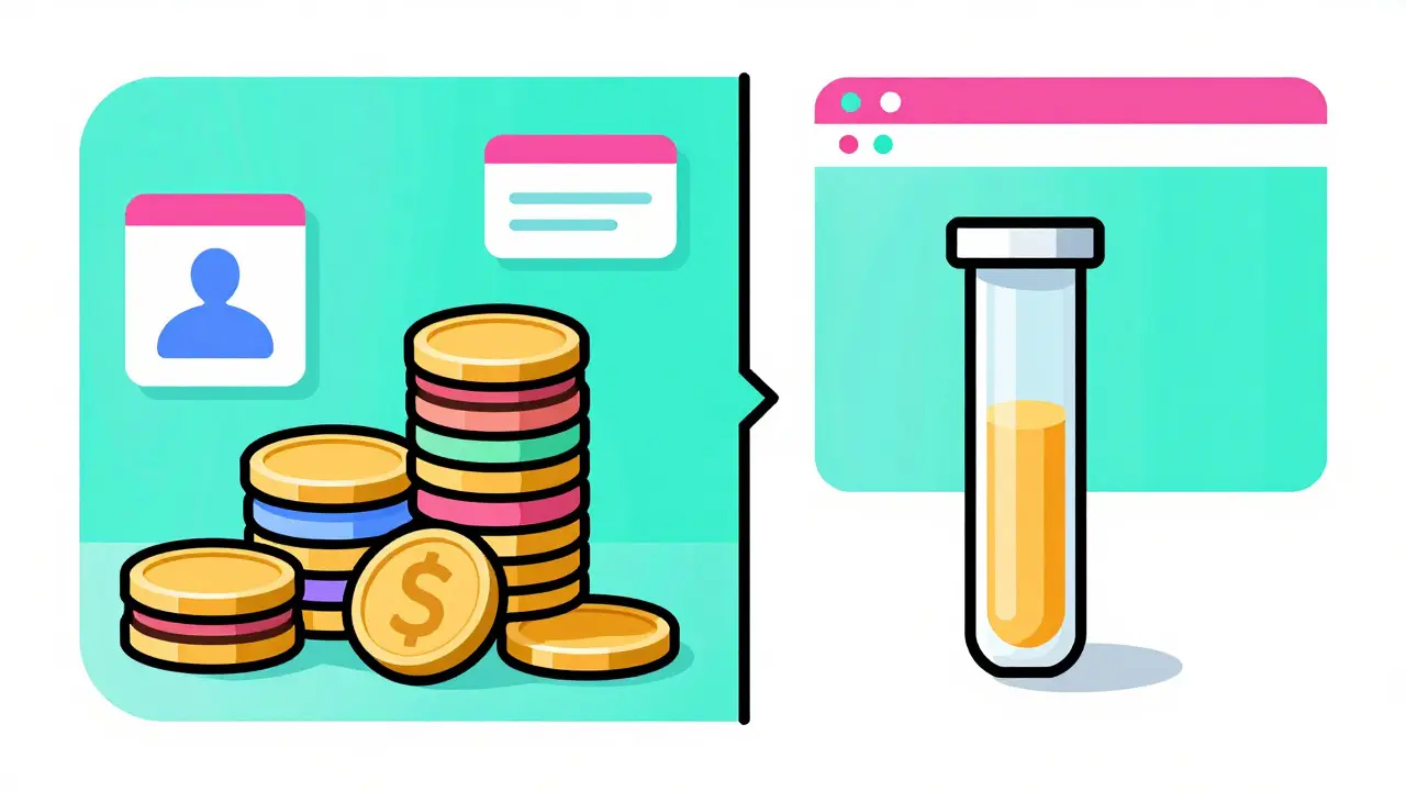 Retro illustration comparing savings vs expensive medicine